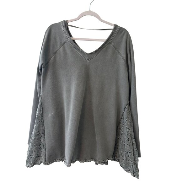 Free People Womens No Frills Lace Inset Pullover Top Green Cotton Oversized - Picture 2 of 12